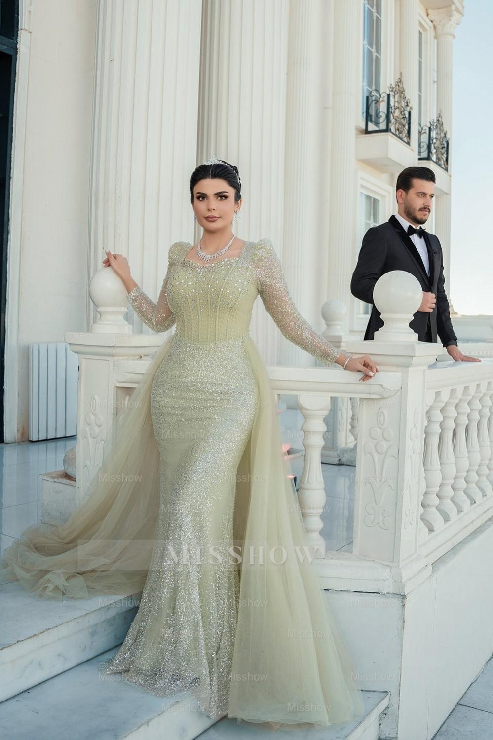 Gorgeous Sage Mermaid Square Long Sleeves Sequined Panel Train Tulle Evening Dress With Rhinestones