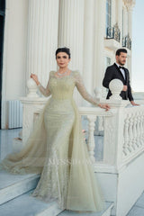 Gorgeous Sage Mermaid Square Long Sleeves Sequined Panel Train Tulle Evening Dress With Rhinestones