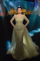 Gorgeous Sage Mermaid Square Long Sleeves Sequined Panel Train Tulle Evening Dress With Rhinestones