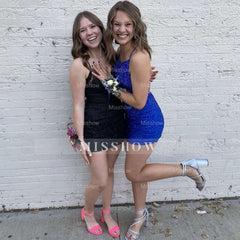 Gorgeous Short Royal Blue Tight Glitter Spaghetti Straps Homecoming Dress