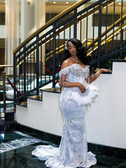 Gorgeous Silver Off-the-Shoulder Sleeveless Mermaid Prom Dress with Tassels and Rhinestones