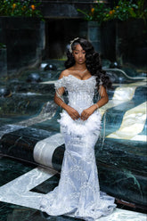 White off-the-shoulder rhinestone mermaid prom dress