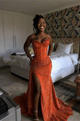 Orange strapless split-front mermaid prom dress