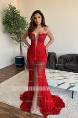 Gorgeous V-Neck Sleeveless Sexy Beaded Prom Dress with Front Slit