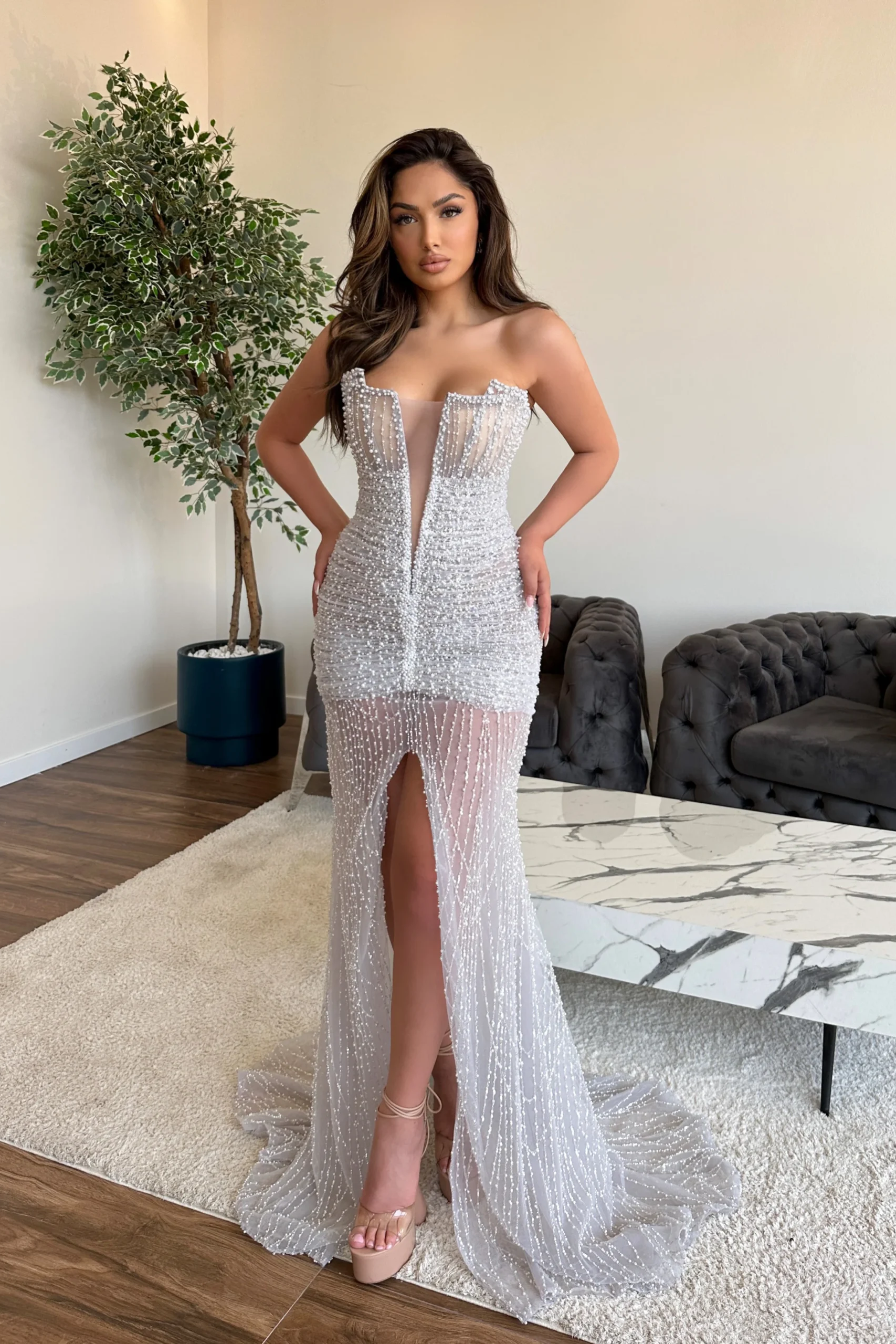 Gorgeous V-Neck Sleeveless Sexy Beaded Prom Dress with Front Slit