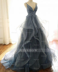 Gorgeous V Neck Spaghetti Straps Dark Blue Prom Evening Dresses With Ruffles