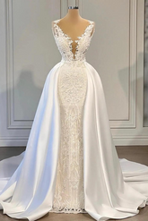 Gorgeous V-neck Sleeveless A-line Wedding Dress With Detachable Train