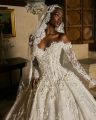 Gorgeous White Ball Gown Sweetheart Off-The-Shoulder Long Sleeves Lace Beaded Wedding Dress