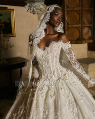 Gorgeous White Ball Gown Sweetheart Off-The-Shoulder Long Sleeves Lace Beaded Wedding Dress