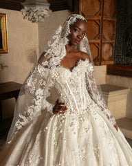 Gorgeous White Ball Gown Sweetheart Off-The-Shoulder Long Sleeves Lace Beaded Wedding Dress