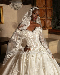 Gorgeous White Ball Gown Sweetheart Off-The-Shoulder Long Sleeves Lace Beaded Wedding Dress