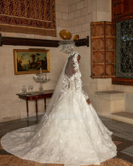 Gorgeous White Ball Gown Sweetheart Off-The-Shoulder Long Sleeves Lace Beaded Wedding Dress