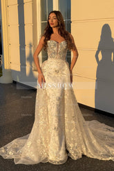 Gorgeous White Column Strapless Beaded Sequined Sleeveless Panel Train Lace Wedding Dresses With Rhinestone
