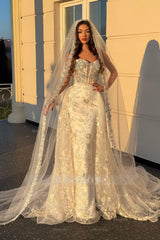 Champagne strapless rhinestone mermaid wedding dress