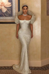 Gorgeous White Glitter Sequins Mermaid Wedding Gown Sweetheart Long Bridal Dress