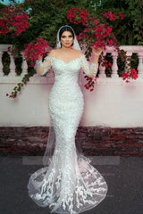 Gorgeous White Mermaid Off-The-Shoulder Strapless Beaded Long Sleeves Sequined Detachable Panel Train Long Tulle Wedding Dresses With Pearls And Appliques
