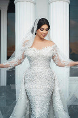 Gorgeous White Mermaid Off-The-Shoulder Strapless Beaded Long Sleeves Sequined Detachable Panel Train Long Tulle Wedding Dresses With Pearls And Appliques