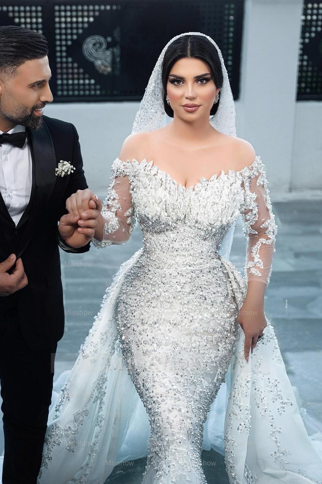 Gorgeous White Mermaid Off-The-Shoulder Strapless Beaded Long Sleeves Sequined Detachable Panel Train Long Tulle Wedding Dresses With Pearls And Appliques