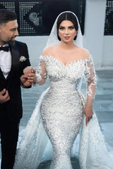 Gorgeous White Mermaid Off-The-Shoulder Strapless Beaded Long Sleeves Sequined Detachable Panel Train Long Tulle Wedding Dresses With Pearls And Appliques