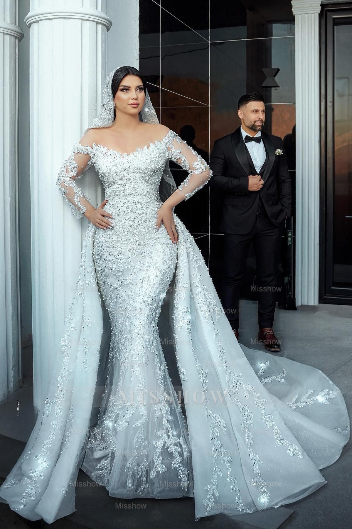 Gorgeous White Mermaid Off-The-Shoulder Strapless Beaded Long Sleeves Sequined Detachable Panel Train Long Tulle Wedding Dresses With Pearls And Appliques