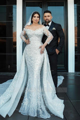 Gorgeous White Mermaid Off-The-Shoulder Strapless Beaded Long Sleeves Sequined Detachable Panel Train Long Tulle Wedding Dresses With Pearls And Appliques