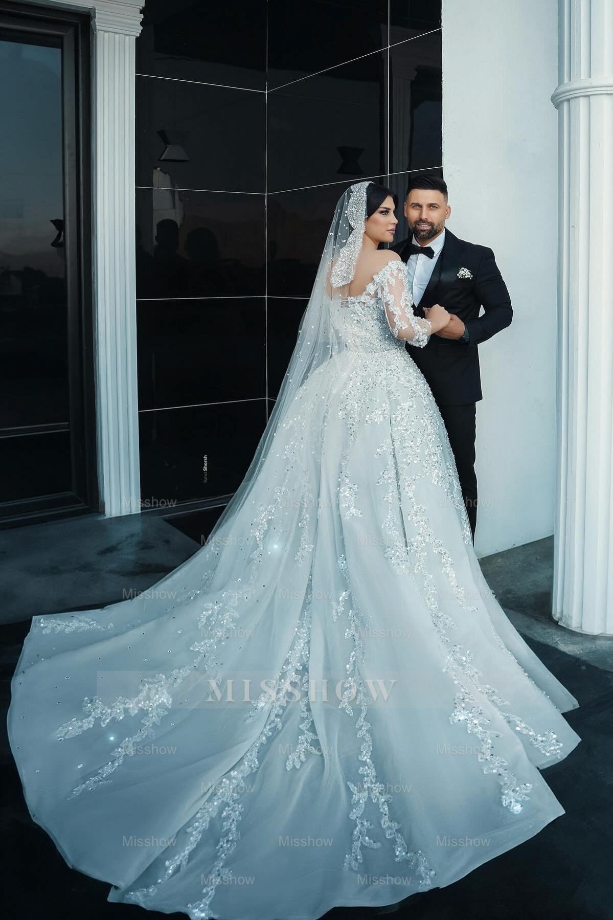 Gorgeous White Mermaid Off-The-Shoulder Strapless Beaded Long Sleeves Sequined Detachable Panel Train Long Tulle Wedding Dresses With Pearls And Appliques