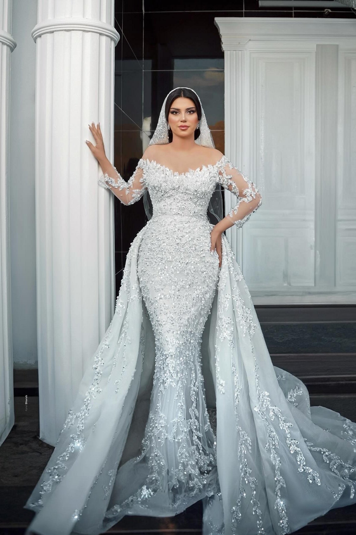 Gorgeous White Mermaid Off-The-Shoulder Strapless Beaded Long Sleeves Sequined Detachable Panel Train Long Tulle Wedding Dresses With Pearls And Appliques