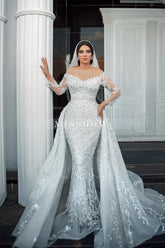 Gorgeous White Mermaid Off-The-Shoulder Strapless Beaded Long Sleeves Sequined Detachable Panel Train Long Tulle Wedding Dresses With Pearls And Appliques