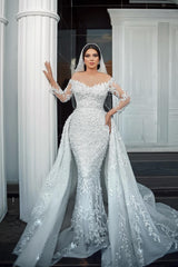 Gorgeous White Mermaid Off-The-Shoulder Strapless Beaded Long Sleeves Sequined Detachable Panel Train Long Tulle Wedding Dresses With Pearls And Appliques