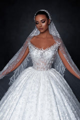 Gorgeous White Off-The-Shoulder Sleeveless Sequined Ball Gown Long Tulle Wedding Dresses With Appliques