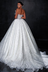 Gorgeous White Off-The-Shoulder Sleeveless Sequined Ball Gown Long Tulle Wedding Dresses With Appliques