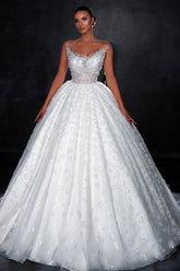 Gorgeous White Off-The-Shoulder Sleeveless Sequined Ball Gown Long Tulle Wedding Dresses With Appliques