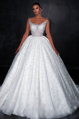 Gorgeous White Off-The-Shoulder Sleeveless Sequined Ball Gown Long Tulle Wedding Dresses With Appliques