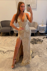 Gorgous Long Champagne Mermaid V-neck Sleeveless Sequined Beaded Prom Dress with Slit