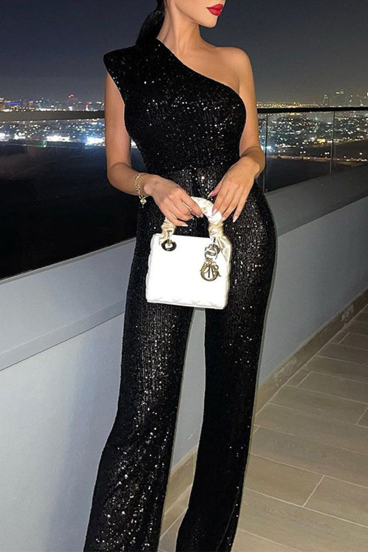 Graceful Black One-Shoulder Sleeveless Sequins Long Jump Suit