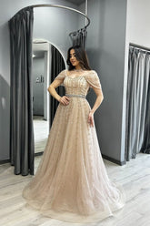 Graceful Champagne A-Line Off-The-Shoulder Formal Dress with Rhinestones