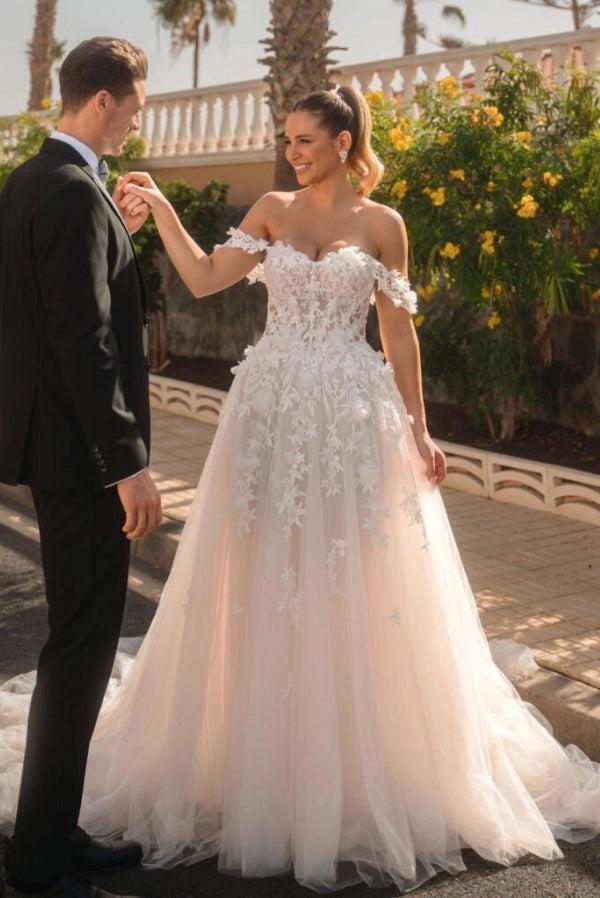 Graceful Ivory Off-The-Shoulder Sleeveless A-Line Wedding Dress with Appliques