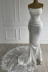 Graceful Ivory Strapless Sleeveless Mermaid Wedding Dress with Ruffles