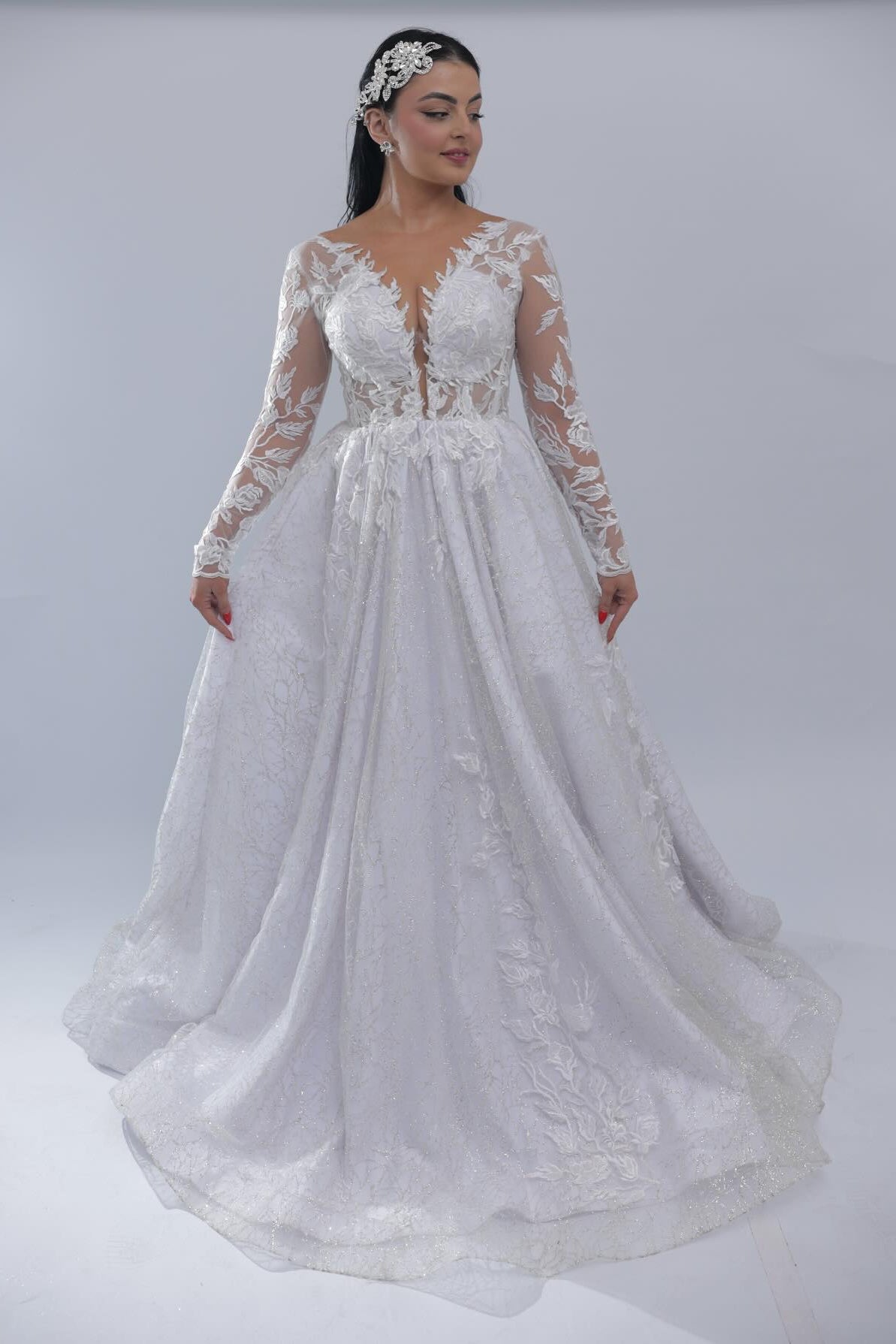 Graceful Long A-line White V-Neck Long-Sleeve Wedding Dress with Appliques and Chapel Train