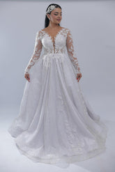 Graceful Long A-line White V-Neck Long-Sleeve Wedding Dress with Appliques and Chapel Train