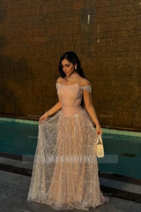 Graceful Pink A-line Off-The-Shoulder Beaded Lace Evening Dress