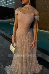 Graceful Pink A-line Off-The-Shoulder Beaded Lace Evening Dress
