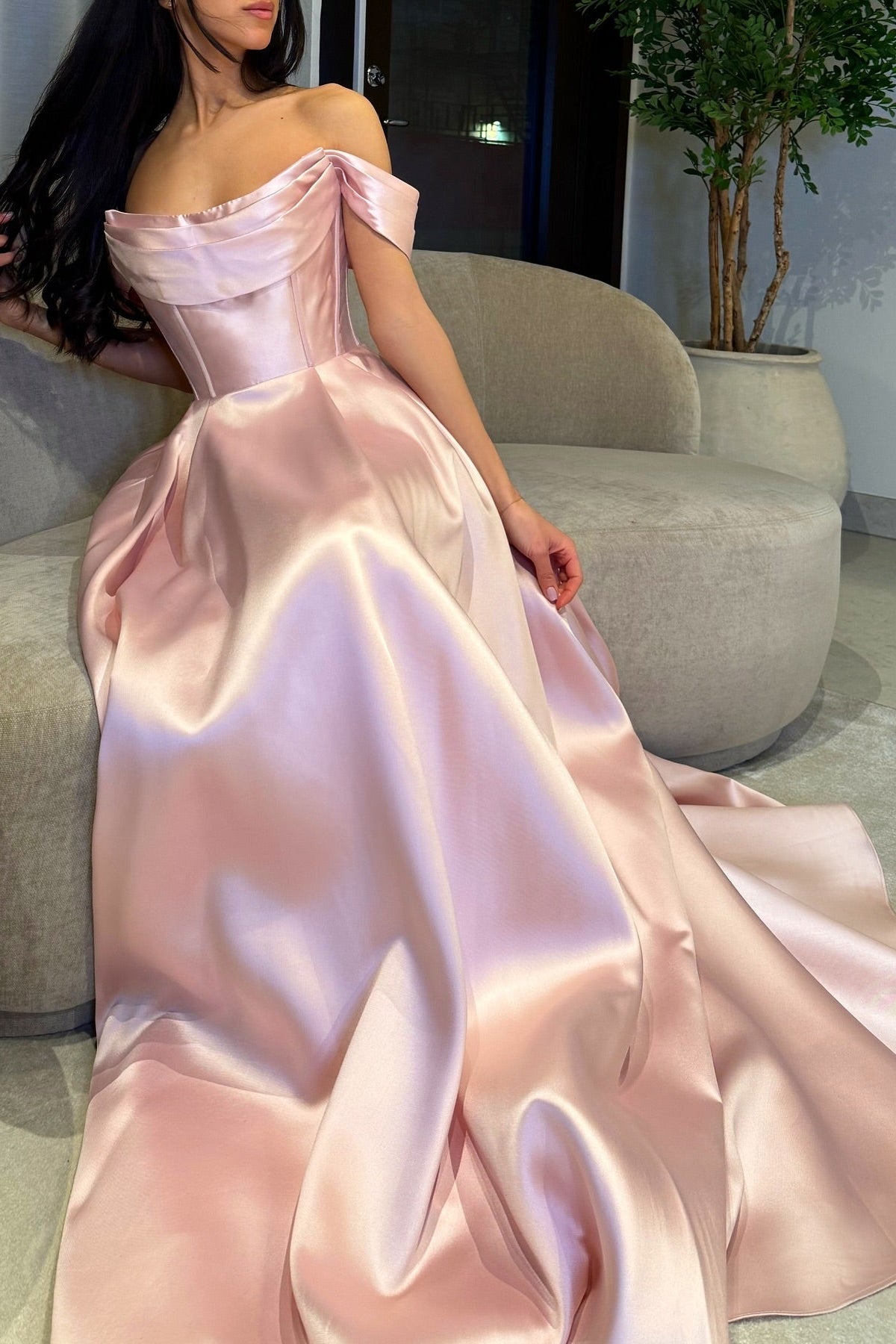 Graceful Pink Off-The-Shoulder Sleeveless A-Line Formal Dress
