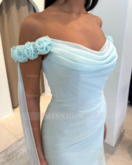 Graceful Sky Blue Off-The-Shoulder Sleeveless Mermaid Evening Dress with Slit