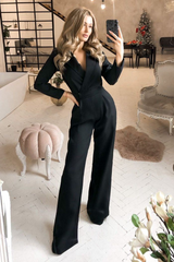 Graceful V-Neck Long Sleeves Black Jump Suit