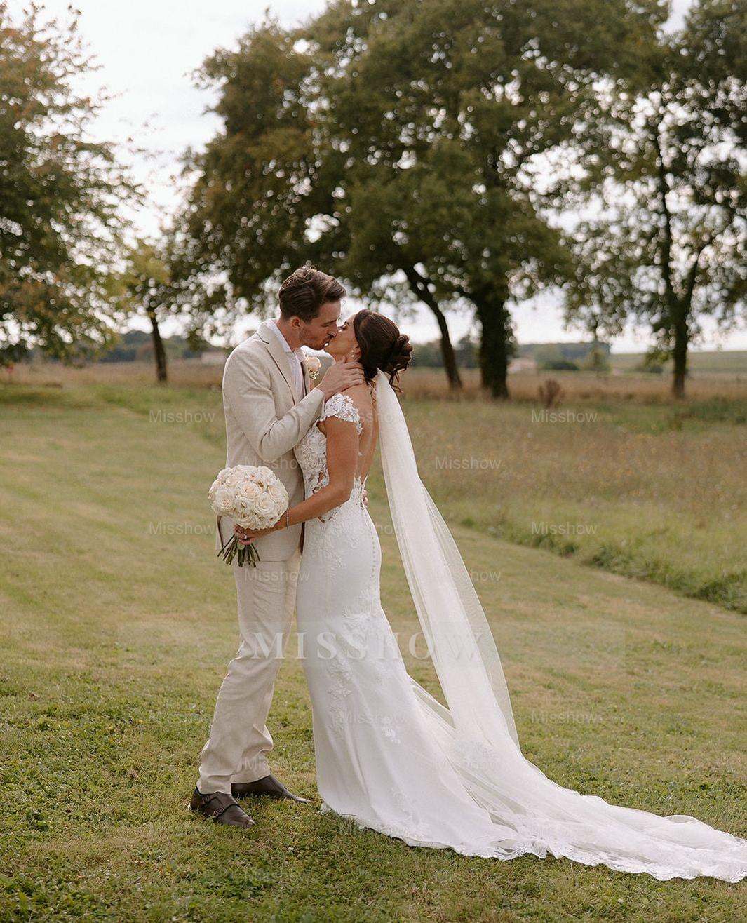 Graceful White Scoop Capped Applique Lace Chapel Train Mermaid Wedding Dress
