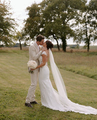 Graceful White Scoop Capped Applique Lace Chapel Train Mermaid Wedding Dress