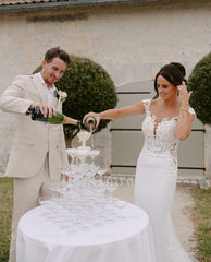 Graceful White Scoop Capped Applique Lace Chapel Train Mermaid Wedding Dress