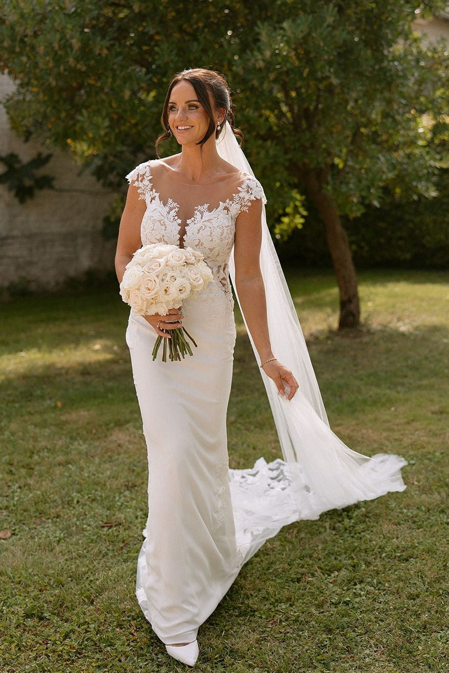 Graceful White Scoop Capped Applique Lace Chapel Train Mermaid Wedding Dress