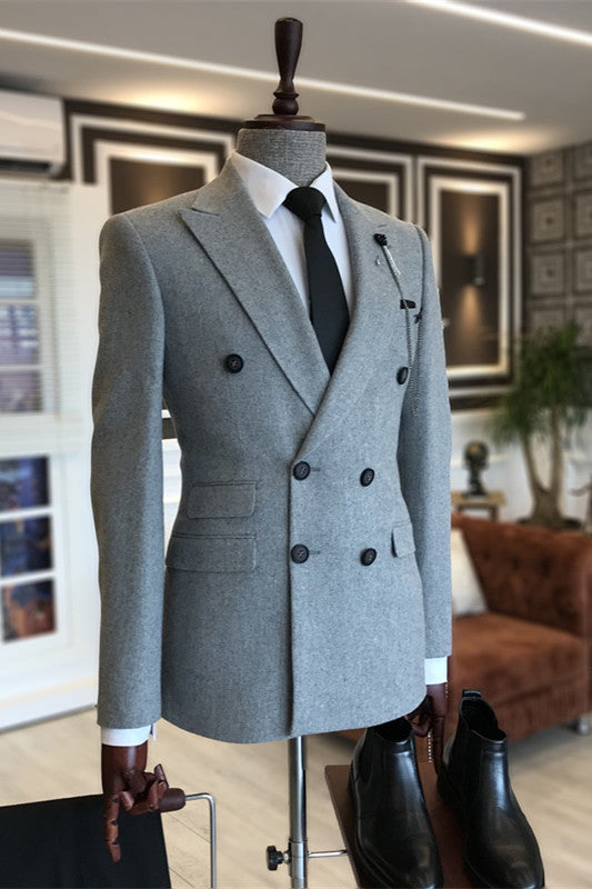 Gray Double Breasted Peaked Lapel Formal Business Suit
